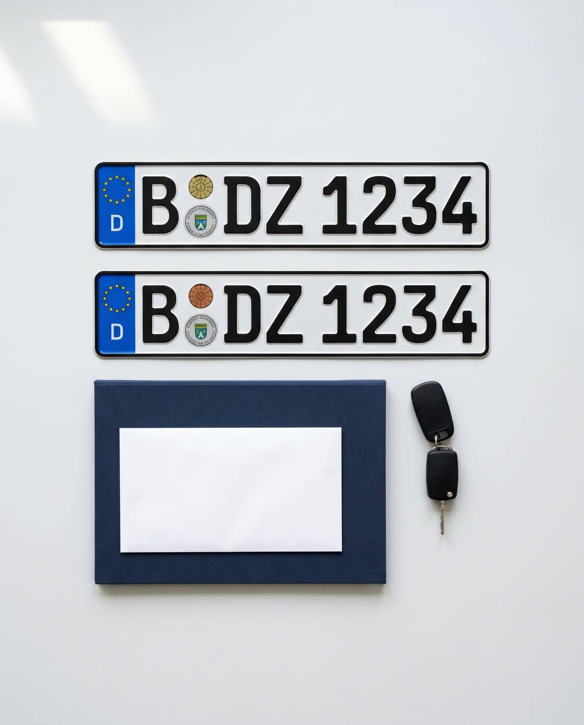 Zwei geprägte deutsche Kennzeichen mit blauem EU-Feld, eine navyblaue Dokumentenmappe mit weißem Brief und ein Fahrzeugschlüssel, das komplette Anmeldepaket, das zu Ihnen nach Hause kommt