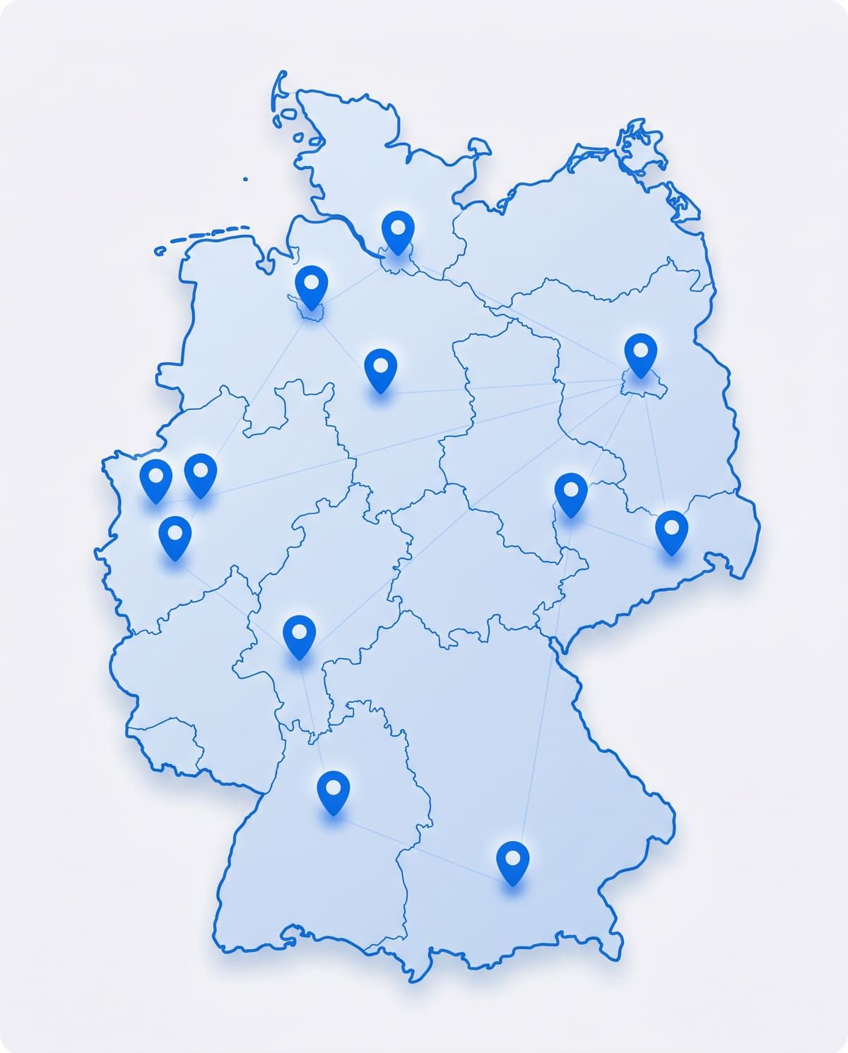 Karte von Deutschland mit markierten Standorten der Zulassungsstellen, bundesweite Abdeckung
