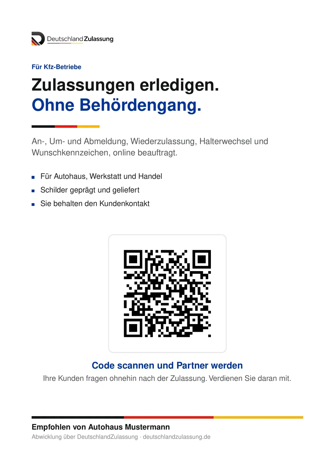 Theken-Aufsteller im Format A5 mit dem persönlichen Empfehlungs-QR-Code und der Zeile Empfohlen von Autohaus Mustermann
