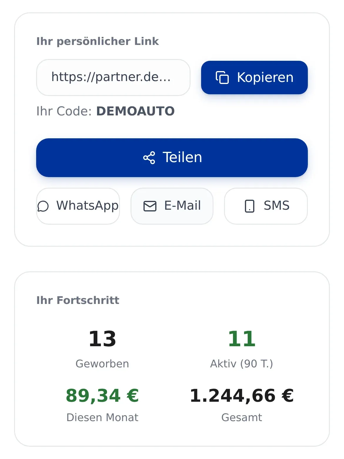 Das Partner-Portal am Handy: persönlicher Empfehlungslink mit Code und Teilen-Knopf, darunter geworbene und aktive Betriebe und die Provision dieses Monats und gesamt