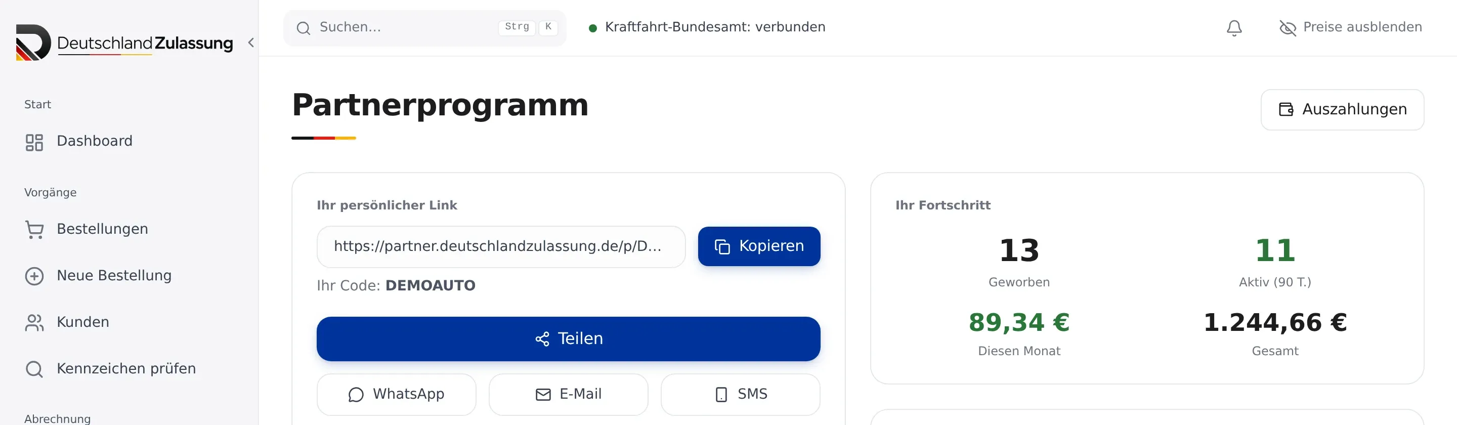 Das Partner-Portal, Seite Partnerprogramm: persönlicher Empfehlungslink mit Code und Teilen-Knopf, daneben geworbene und aktive Betriebe und die Provision dieses Monats und gesamt