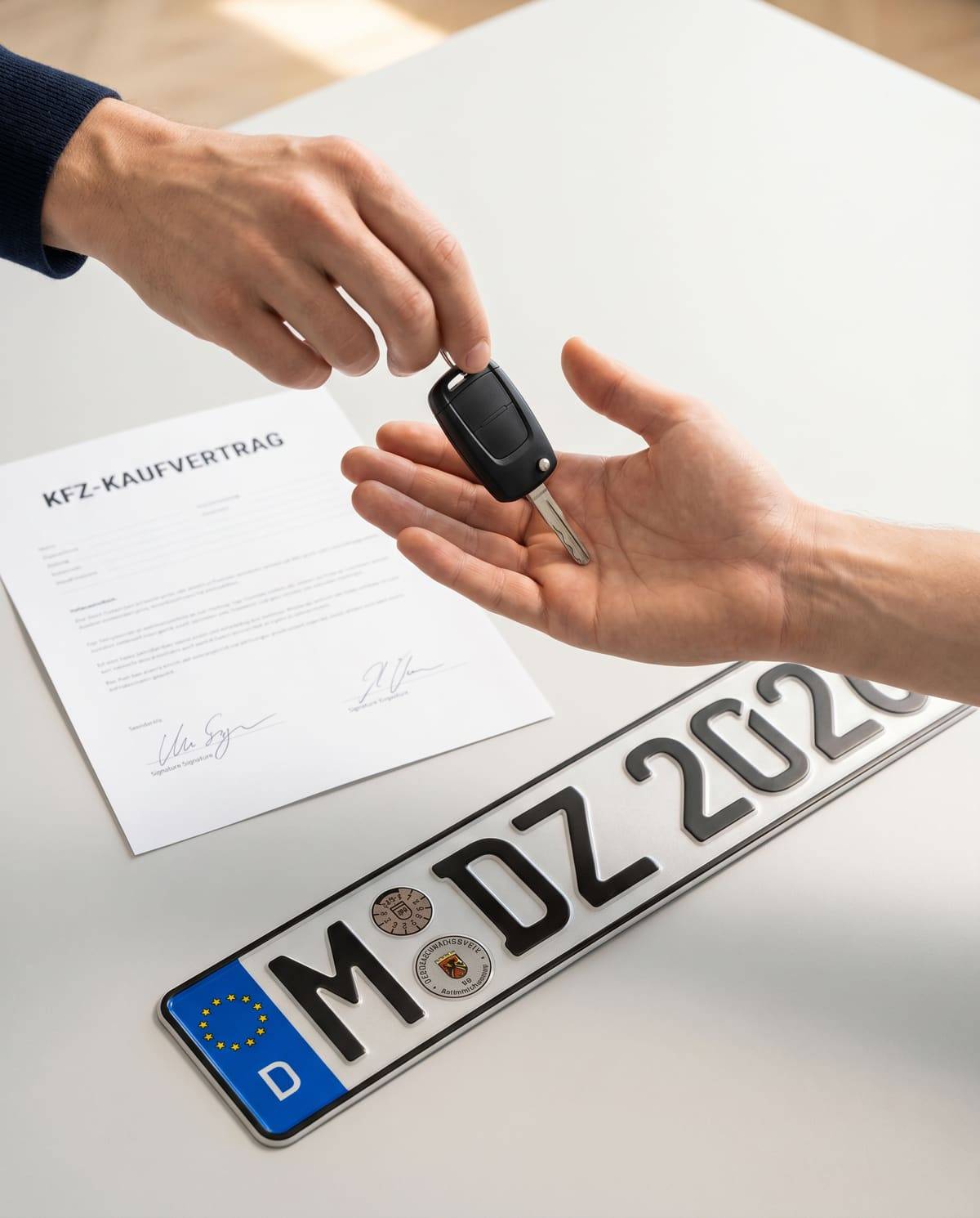 Zwei Hände bei der Autoschlüssel-Übergabe über einem unterschriebenen Kfz-Kaufvertrag, daneben ein echtes geprägtes deutsches Kennzeichen, der Halterwechsel beim Autoverkauf