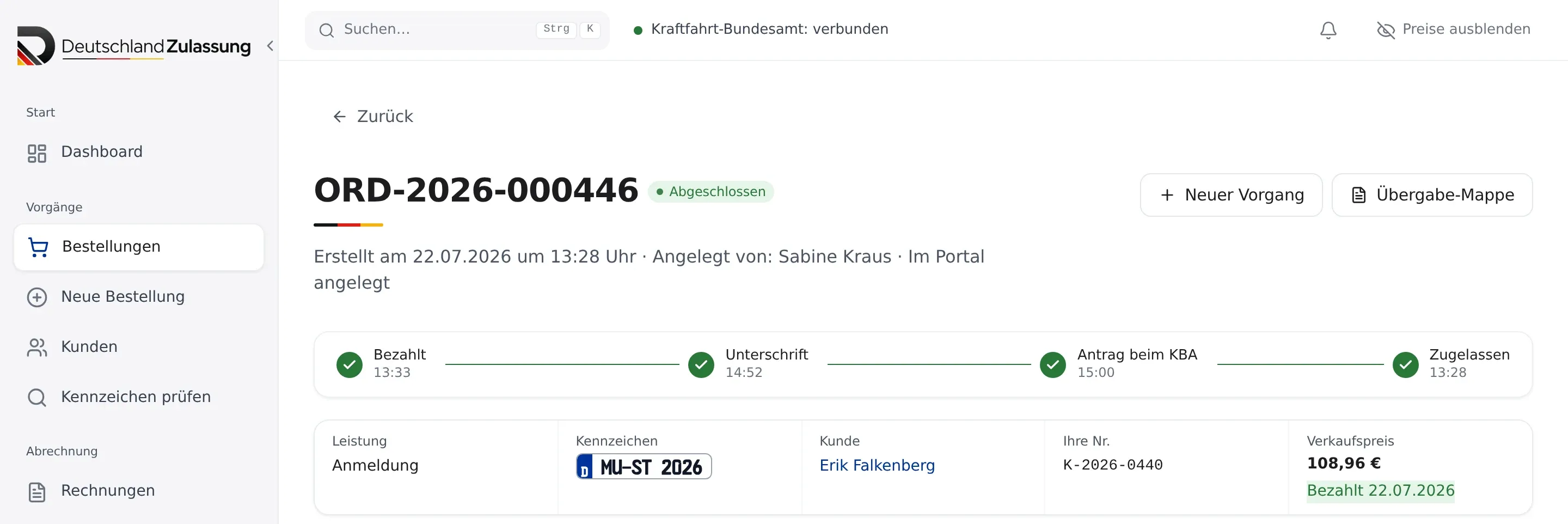 Das Partner-Portal: ein abgeschlossener Vorgang mit den Stationen Bezahlt, Unterschrift, Antrag beim Kraftfahrt-Bundesamt und Zugelassen