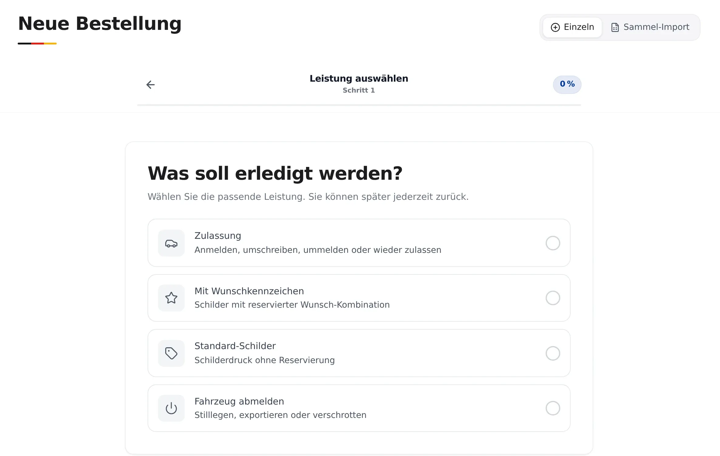 Neue Bestellung im Partner-Portal: Auswahl der Leistung