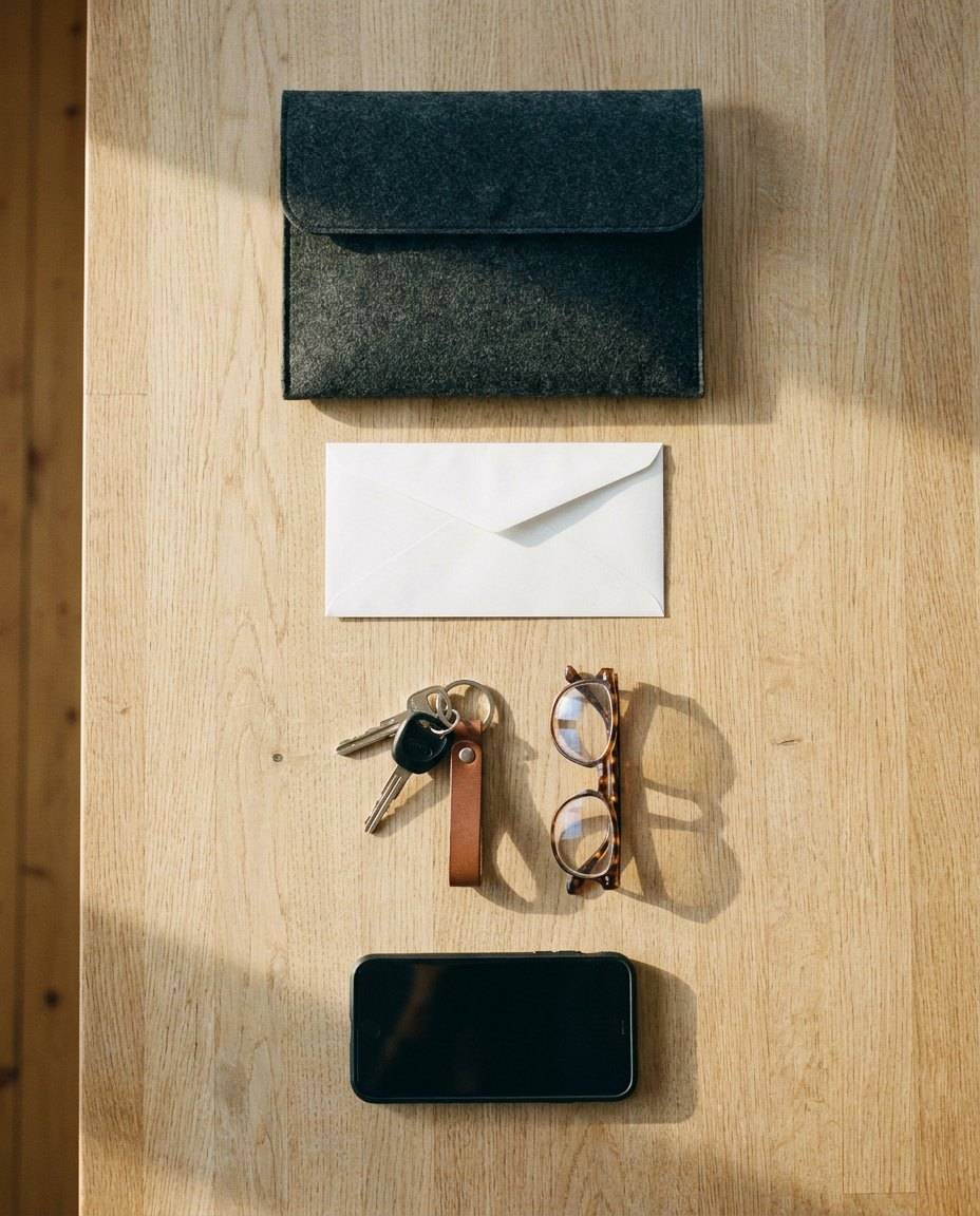 Auf einem Holztisch liegen bereit: eine geschlossene dunkelgraue Dokumentenmappe, ein weißer Briefumschlag, ein Autoschlüssel mit Lederanhänger, eine Lesebrille und ein Smartphone.