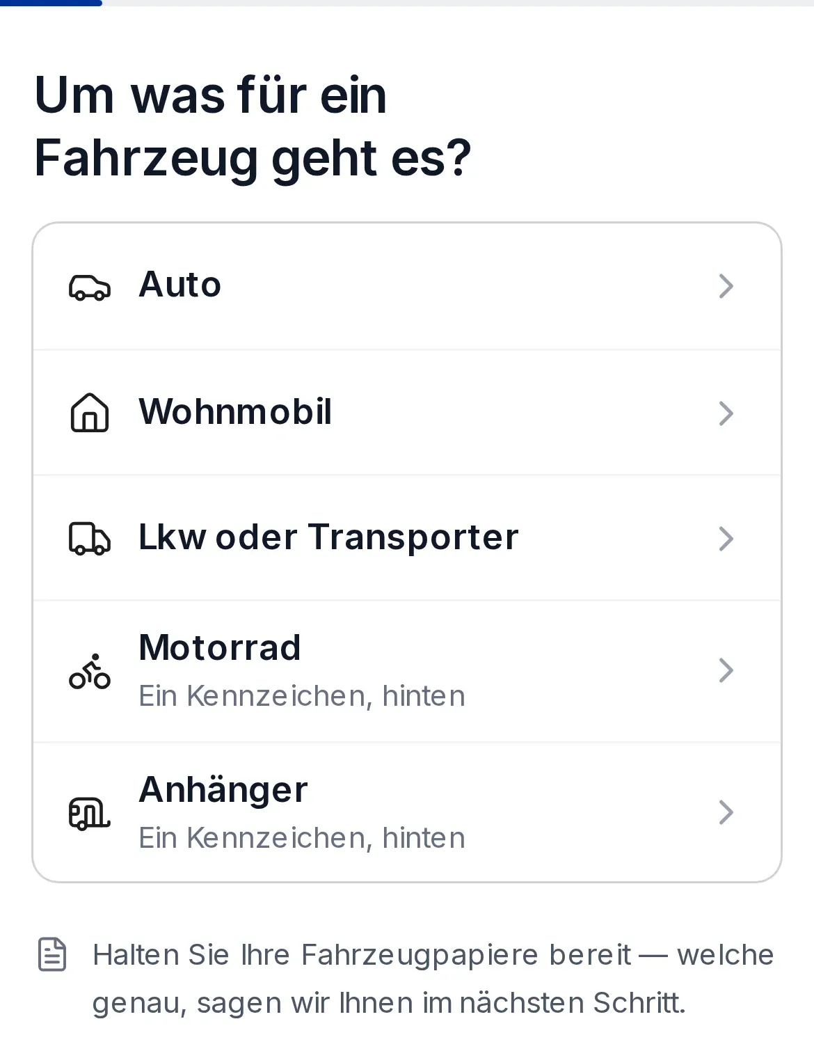Baustein Kfz-Zulassung mit der ersten Frage nach dem Fahrzeug