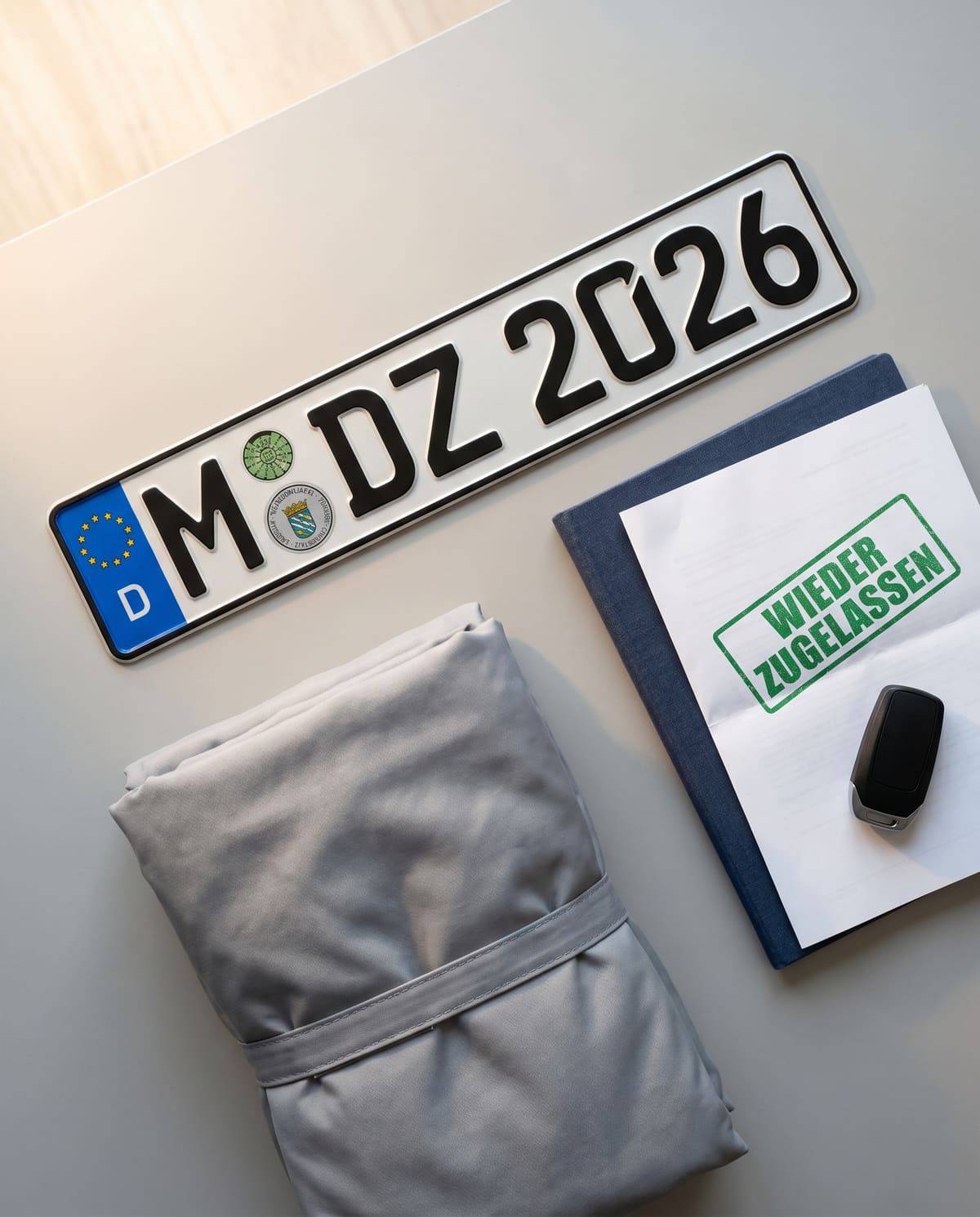 Ein frisch wieder zugelassenes deutsches Kennzeichen, eine ordentlich gefaltete Auto-Schutzhülle und ein Dokument mit grünem Stempel Wieder zugelassen. Das eingelagerte Auto ist zurück auf der Straße