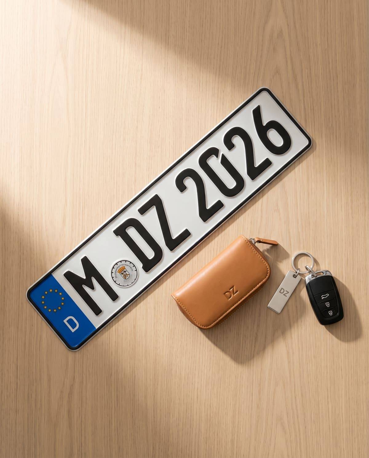 Ein deutsches Wunschkennzeichen mit der frei gewählten Kombination M DZ 2026, daneben ein monogrammiertes Leder-Schlüsseletui und ein Schlüsselanhänger mit denselben Initialen DZ: das persönliche, selbst gewählte Kennzeichen